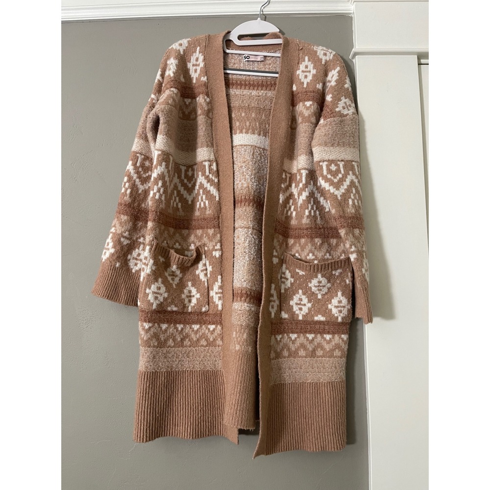 SO Goods For Life Womens Tan Geometric Fair Isle Open Front Cardigan Sweater M - Picture 1 of 9